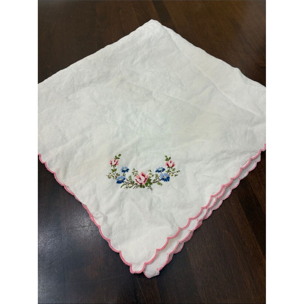 Vintage White Embroidered Linen Tablecloth with Pink Scalloped Edge
